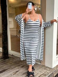 Napfluff CURVE Napfluff CURVE Plus Size Women's Casual Ribbed Ribbed Camisole Nightgown And Robe 2pcs Set - Multicolor - View 1