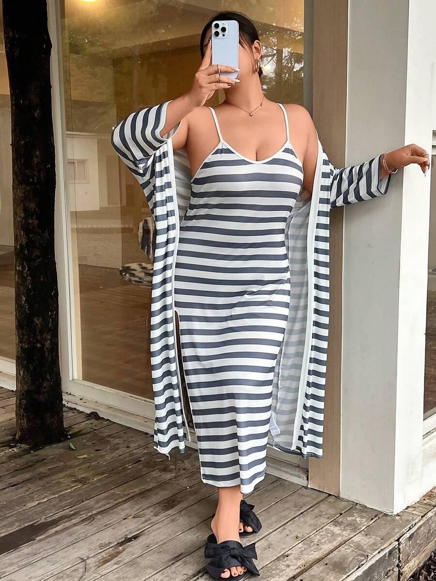 Napfluff CURVE Napfluff CURVE Plus Size Women's Casual Ribbed Ribbed Camisole Nightgown And Robe 2pcs Set - Multicolor - View 1