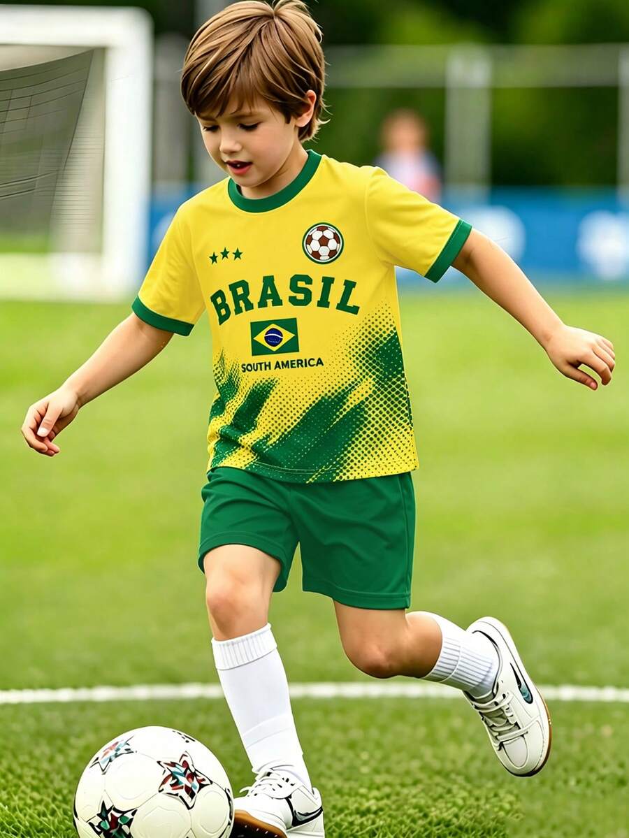 1套青少年男孩休閒時尚運動風巴西足球T恤套裝,男孩夏季運動服飾,印有「BRASIL」字母與足球圖案,適合日常出遊與球場訓練 - 彩色 - 查看 1