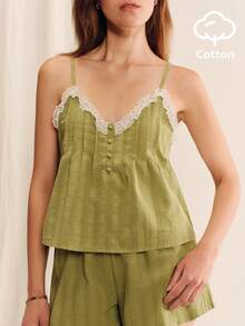 lacRébo Conjunto de pijama de camisola y pantalón corto verde de corte holgado con detalles de encaje, camisola con cuello en V y pantalón corto de cintura media - Verde - Ver 3