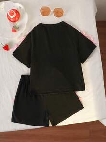 Elladie kids 少女夏季休閒兩件套，柔軟素色圓領短袖套頭T恤 & 附粉色蝴蝶結緞帶休閒運動短褲，可愛芭蕾風甜美運動套裝，適合女孩學校、舞蹈及日常穿著 - 黑色 - 查看 3