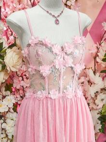 Fantasy Costume Fantasy Costume 網格花卉刺繡貼花露背性感服裝洋裝 - 珊瑚粉 - 查看 9
