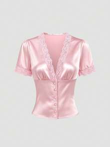 Sweetra Elegant French Lace Patchwork Button Short Sleeve Sexy V-Neck Pink Minimalist Sexy Blouse - Baby Pink - View 1