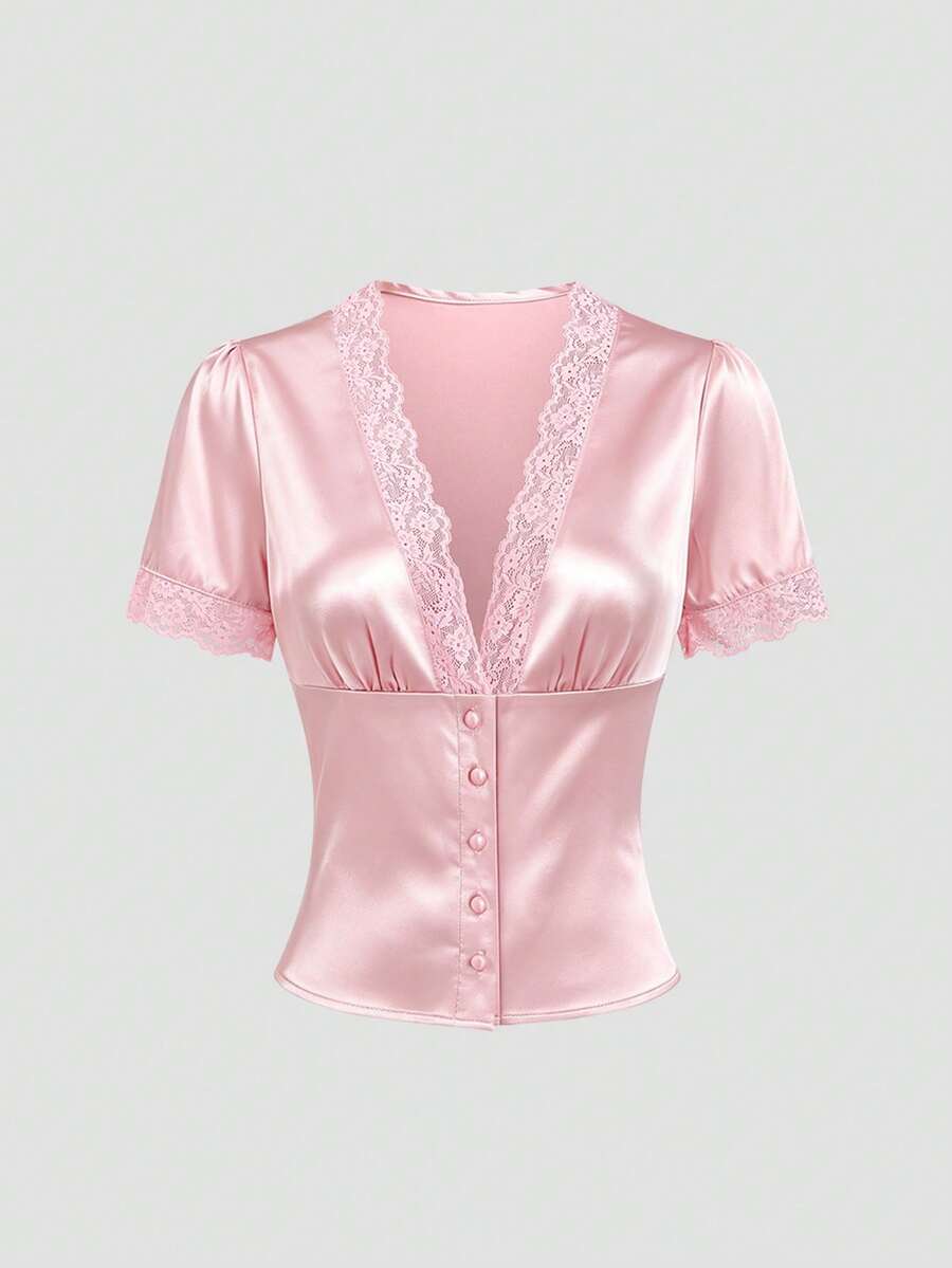 Sweetra Elegant French Lace Patchwork Button Short Sleeve Sexy V-Neck Pink Minimalist Sexy Blouse - Baby Pink - View 1