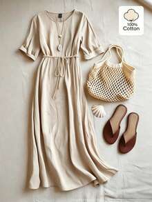 Isle Nomé 2026 Spring New Arrival Apricot Cotton Standard-Size Maxi Dress,Beige,Summer,Casual,Vacation,Holiday,Outings,Beach,Daily Use,Versatile - Khaki - View 3