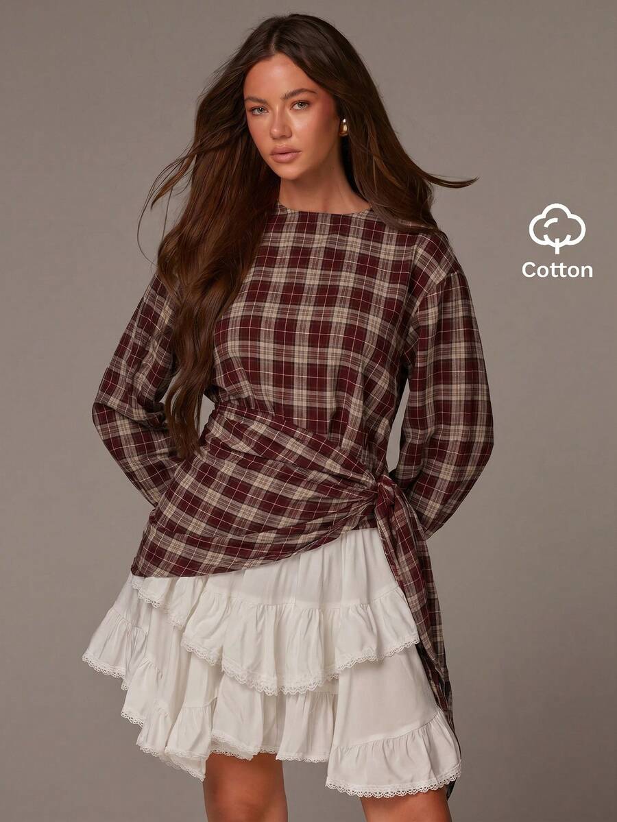 Athîral Kemeja Kasual Serbaguna Wanita Motif Kotak-kotak untuk Aktivitas Sehari-hari - Merah - View 1