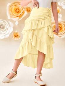 SHEIN Girlism Tween Girl Loose Casual Layered Ruffle Asymmetrical Hem Midi Skirt - Yellow - View 3