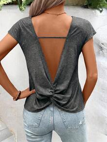 Easowa Women Fashion Solid Color Spring/Summer Twisted Back T-Shirt,Casual Night Out Gray - Black - View 5