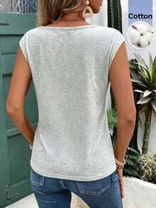 EMERY ROSE Women's Solid Color V-Neck Button Decor Cami Tank Top, Simple And Fashionable, Suitable For Summer Wear Everyday Light Grey Casual House - Light Grey - View 2