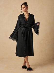 HautHeat Women's Solid Color Contrast Lace Long Sleeve Elegant Loungewear Robe - Black - View 7