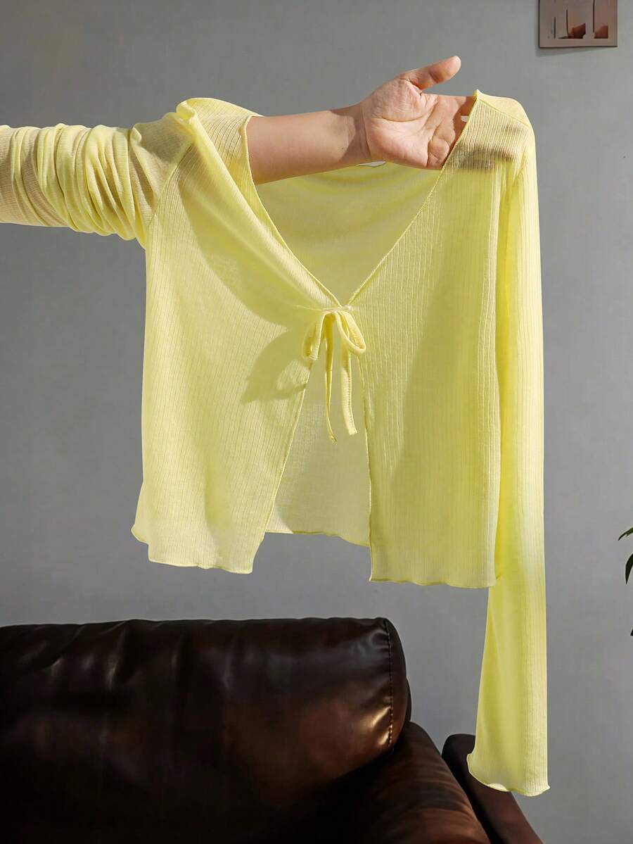 SHEIN 這是一款輕量女童與女孩襯衫外套，長袖針織上衣，非常適合夏季穿著 - 黃色 - 查看 1