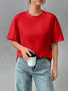 SHEIN Essnce 純棉舒適女款極簡基本款前短後長T恤，時尚百搭，適合外出、穿搭、旅行與度假 - 紅色 - 查看 6