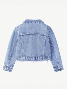 SHEIN ChillGRL 少女時尚愛心毛巾刺繡中藍色水洗牛仔兩件套，時尚短版牛仔外套 + 寬鬆直筒寬腿牛仔褲，少女套裝，舒適柔軟面料，適合度假與休閒外出，理想禮物，戶外穿著的完美選擇 - 中等水洗藍 - 查看 5