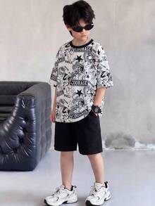 2piezas/Set Conjunto de Camiseta de Manga Corta con Cuello Redondo y Pantalones Cortos Estilo Casual Coreano Holgado con Gráfico de Anime y Letras para Niños Preadolescentes, Adecuado para Ir al Trabajo, Escuela, Uso Casual Diario, Salidas, Deportes, Primavera y Verano - Blanco y Negro - Ver 5