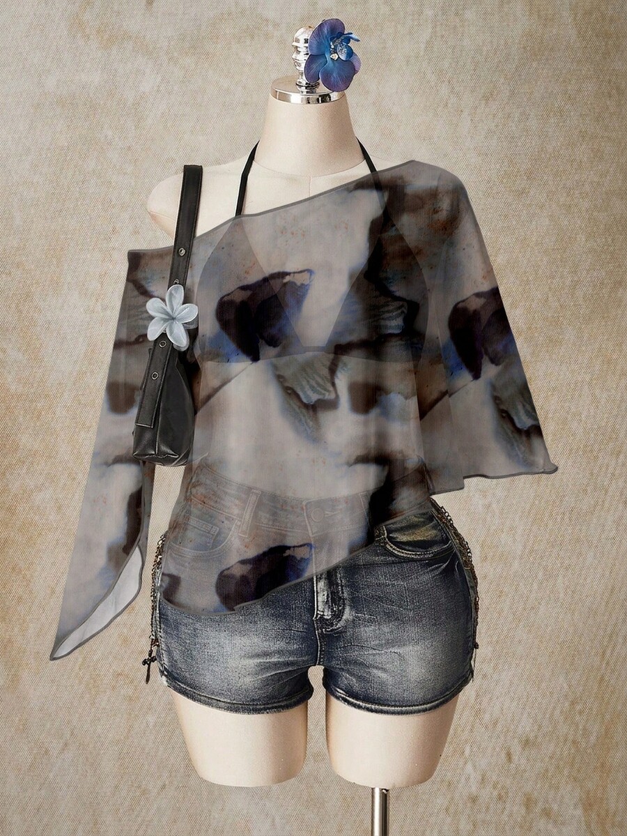 SHEIN ICON Plus Size Women's Tie Dye Print Asymmetrical Shoulder Loose Fashion Top - Multicolor - View 1