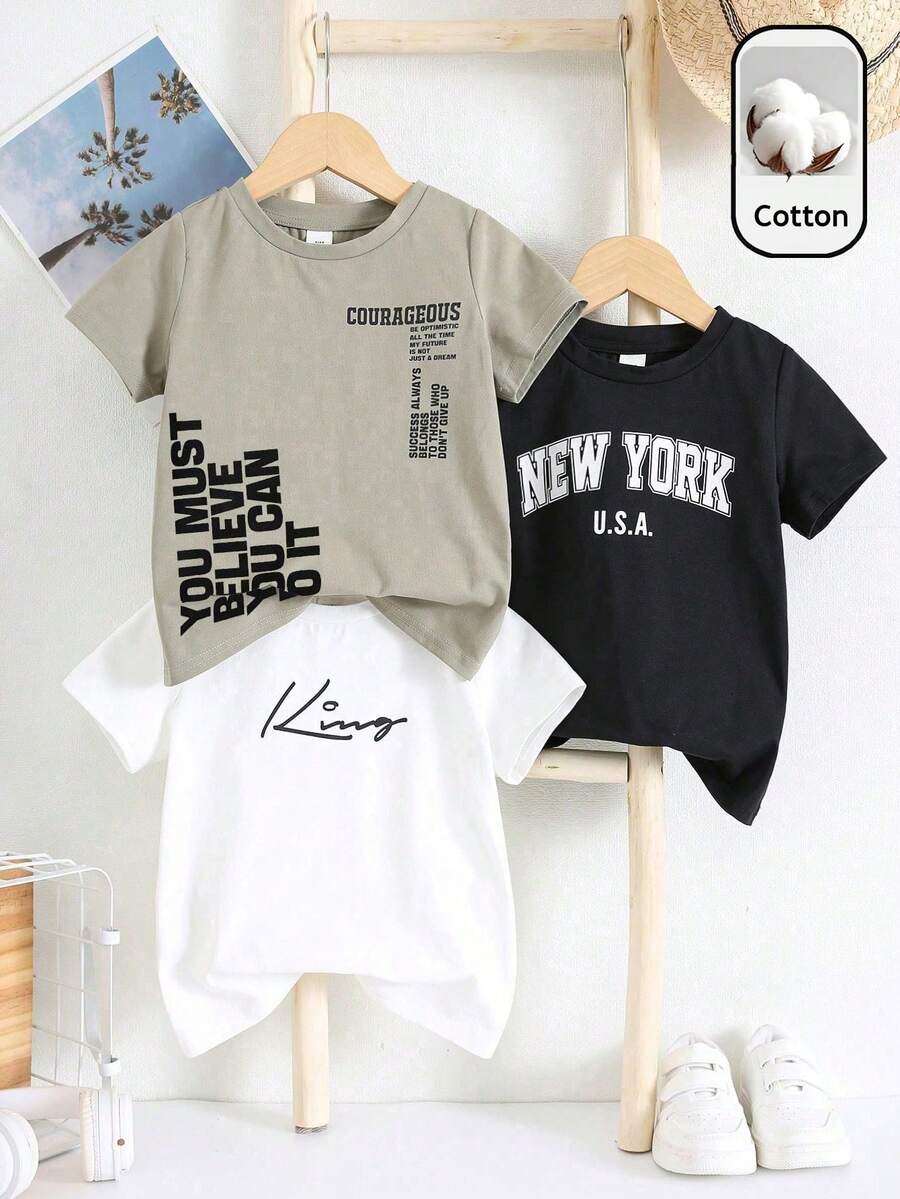 SHEIN 僅 T-Shirt,3件裝青少年男孩休閒字母印花圖案圓領針織 T-Shirt(不含短褲),適合學校與戶外穿著,春/夏 - 黑與白 - 查看 1