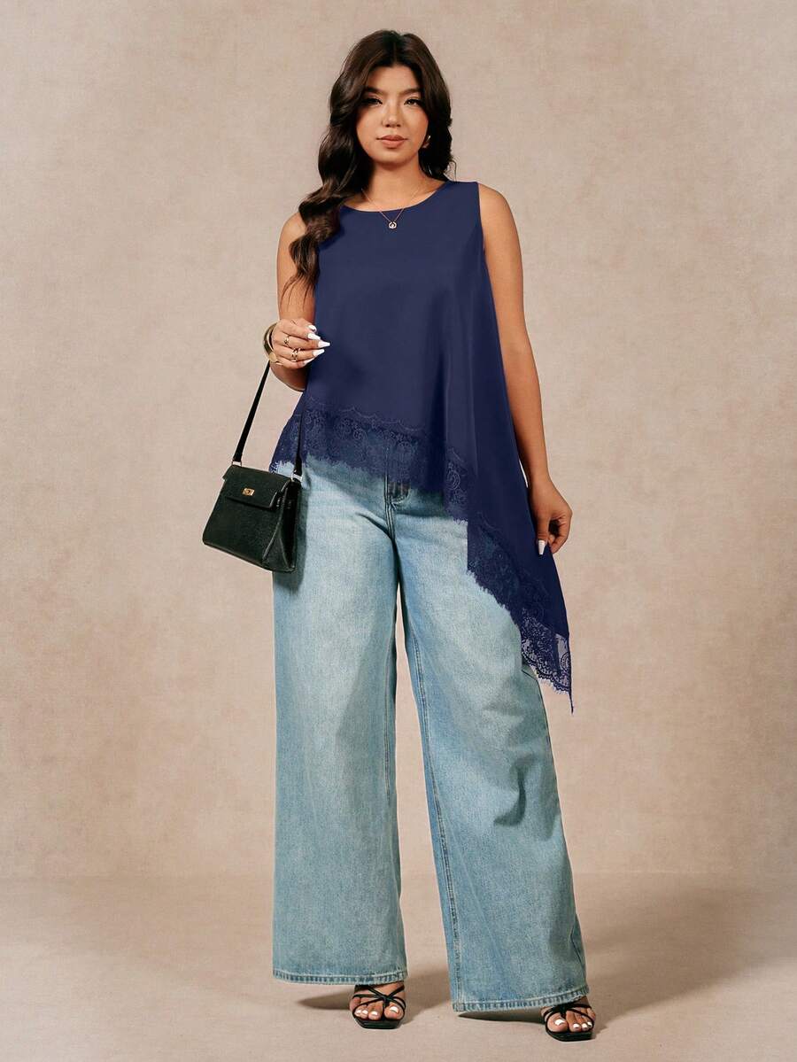 Juhart Plus Size Lace Patchwork Asymmetric Hem Sleeveless Top - Navy Blue - View 1