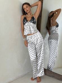 Aloruh A Sexy Deep V Blouse Made Of Feminine Polka Dot Printed Sheer Fabric, Paired With An Elegant Lace Decorated Pajama Set. Suitable For All Seasons And P - Black and White - View 8