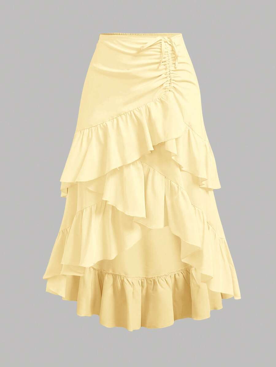 SHEIN Girlism Tween Girl Loose Casual Layered Ruffle Asymmetrical Hem Midi Skirt - Yellow - View 1