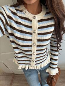 DAZY Women's Striped Long Sleeve Single-Breasted Casual Knit Cardigan Cute Tops - Blue - View 8