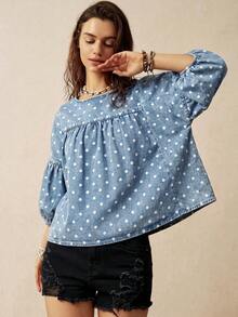 Bohemela Women's French Fashion Polka Dot Print Denim Shirt - Blue - View 3