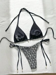 Costavie Swim Basics 2件組 春夏海灘度假亮片紋理面料珍珠裝飾掛脖三角比基尼上衣與側綁比基尼褲性感比基尼套裝 - 黑色 - 查看 2