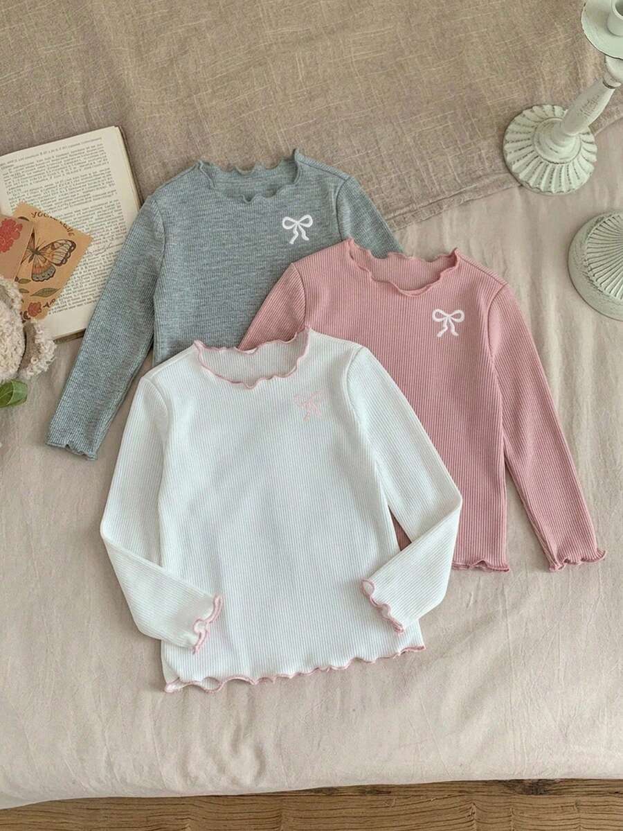 SHEIN 女婴可爱休闲百搭简约针织弹力白色长袖上衣套装 女婴长袖日常休闲针织衫 女婴毛衣套装 女婴长袖蝴蝶结婴儿休闲套装 - 彩色 - 查看 1