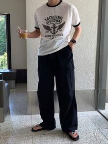 DAZY 夏季拼接對比色領圓領字母印花修身男士T恤 - 白色 - 查看 6