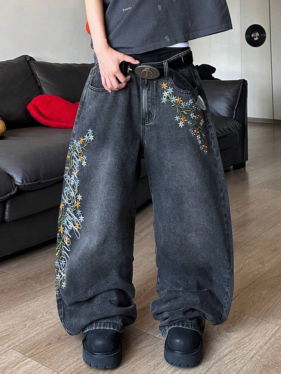 STEELVANCE Streetwear Retro Fashion Versatile Embroidered Design Loose Straight Wide Leg Casual Denim Jeans - Black - View 1