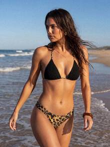 Anewsta Women's Summer Beach Vacation Colorblock Halter Tie Sexy Tropical Bikini And Leopard Print Triangle Bottoms Two-Piece Swimsuit Set Black Brown - Multicolor - View 5