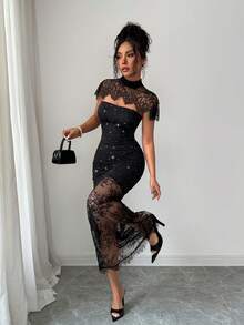 SHEIN Elenzya 女款蕾絲拼接優雅奢華派對長洋裝 - 黑色 - 查看 8