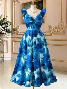 DreamSkyne Plus Size Women's New Navy Blue Floral Print Twist Front Waist Cap Sleeve Split Hem Dress, Suitable For Vacation Dates Wedding Summer Elegant - Multicolor - View 6
