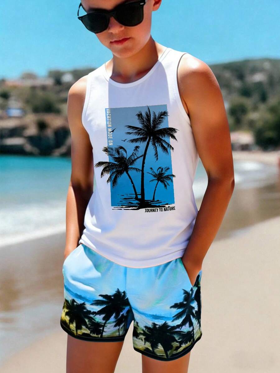 青少年男孩休閒簡約無袖背心,適合夏季,經典海灘椰子樹圖案印花,經典城市名稱文字圖案印花,適合度假、海灘、旅行 - 白色 - 查看 1