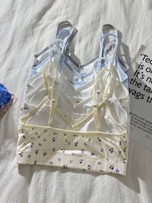 SHEIN Girlism 青少年女孩內衣與無鋼圈內衣，俏皮可愛花卉圓點蝴蝶結愛心圖案印花背心上衣多件組，無縫學生底層內衣上衣5件套，可拆卸 - 彩色 - 查看 2
