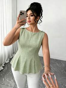 SHEIN Clasi 大尺碼女款圓領蝴蝶結紋理面料無袖收腰A字版型優雅淑女上衣 - 綠色 - 查看 3
