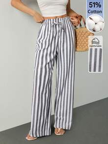 SHEIN Tall 女款黑白條紋編織寬腿休閒沙灘長褲，春夏款，適合高個女性 - 黑與白 - 查看 7