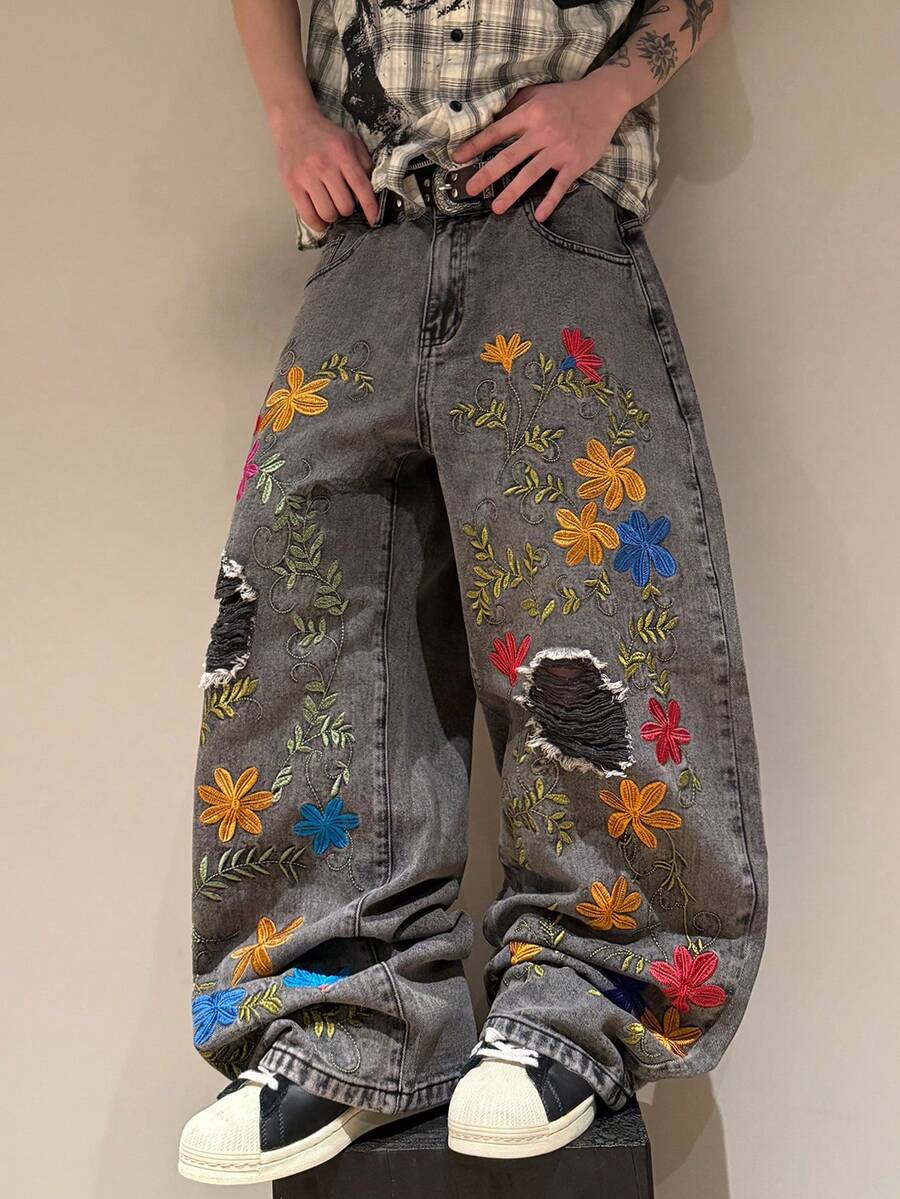 STEELVANCE 男士口袋鈕扣花卉刺繡圖案水洗磨損設計休閒百搭日常旅行牛仔褲 - 灰色 - 查看 1