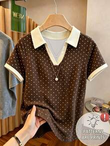 Resyla 女士优雅波点印花撞色 Polo 领无袖背心，修身针织马甲，适合夏季休闲、办公及日常穿着，是送给她的完美礼物。 - 彩色 - 查看 5