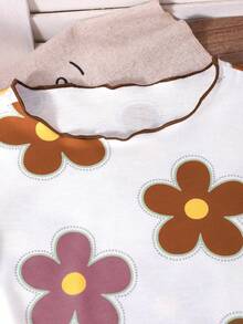 SHEIN Genkimix Kids 女童 2 件套休閒花卉印花短袖 T 恤與紋理梭織長褲，適合春夏度假與日常穿著 - 棕色 - 查看 5