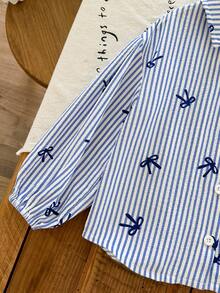 SHEIN LMoss Kids LMoss 青少女寬鬆條紋領休閒襯衫 - 藍色 - 查看 3