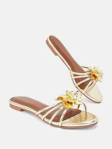 Glitzique Women's Elegant Gold Metal Flower Decor Strap Dress Flat Mules Shoes, Comfortable Round Toe Slip-On Daily And Party Wear,Spring Summer Outfits - Gold - View 6