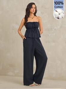 SHEIN Tall 女士黑色梭织休闲套装 - 黑色 - 查看 3