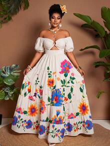 Maweii Plus Size Floral Print Off-Shoulder Hollow Out Ruffle Hem Short Sleeve Dress - White - View 1