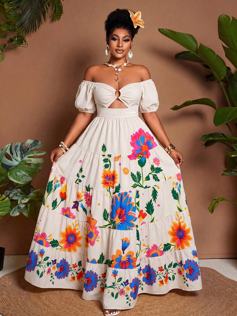 Maweii Plus Size Floral Print Off-Shoulder Hollow Out Ruffle Hem Short Sleeve Dress - White - View 1