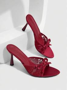 CUCCOO SZL Sweet Bow Lace Mesh Fashion Temperament Word With Fairy Thin Heels Sandals Women Wear Open-Toed Burgundy High-Heeled Slippers Summer - Burgundy - View 1