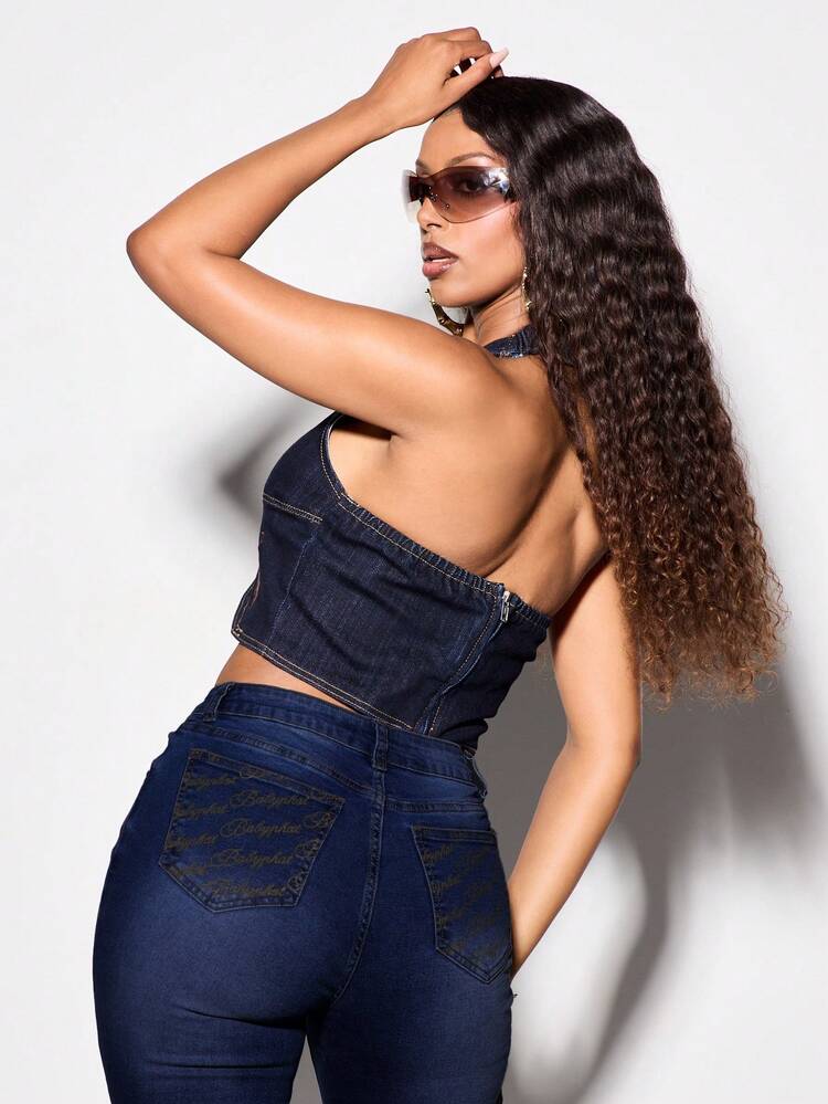 BABYPHAT Denim Halter Crop Top With Gold Ring Closure And Open Back Detail