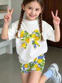SHEIN Sparklyn [2件組]少女白色檸檬蝴蝶結印花短袖上衣＋配套短褲套裝，休閒兩件式穿搭，適合學校/外出，春夏秋季 - 彩色 - 查看 3