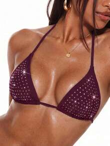 Oceva Áo bikini nữ mùa hè đi biển nghỉ dưỡng dự tiệc màu trơn đính đá trang trí cổ yếm buộc sau lưng gợi cảm - Màu Đỏ Sâu - Xem 6