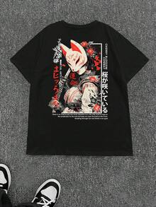 Resyla 男士大尺碼狐狸武士T恤 | 日式狐狸面具 & 櫻花圖案印花 | 武士道風格寬鬆水洗圓領T恤 - 黑色 - 查看 5