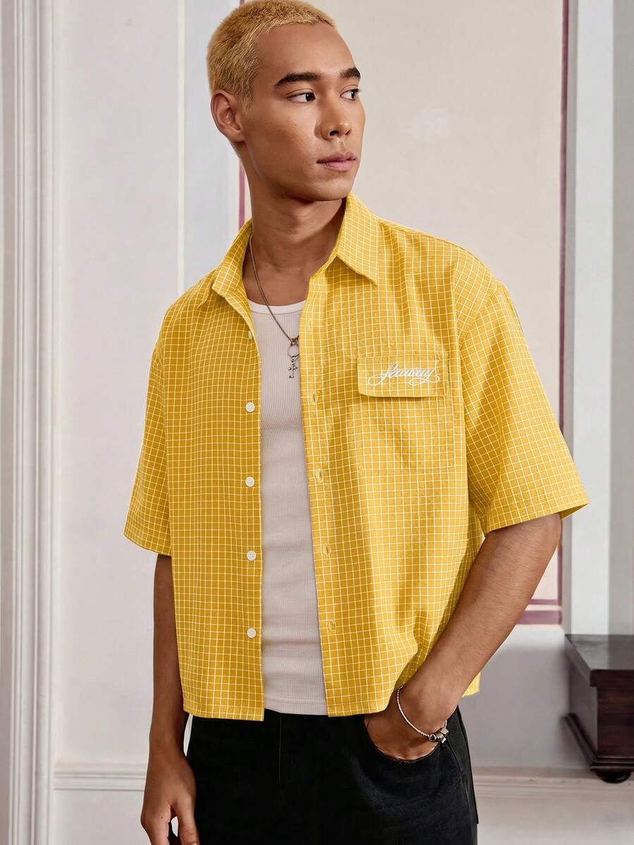 SWAVVY Men's Summer Casual Plaid Shirt - Yellow - View 1